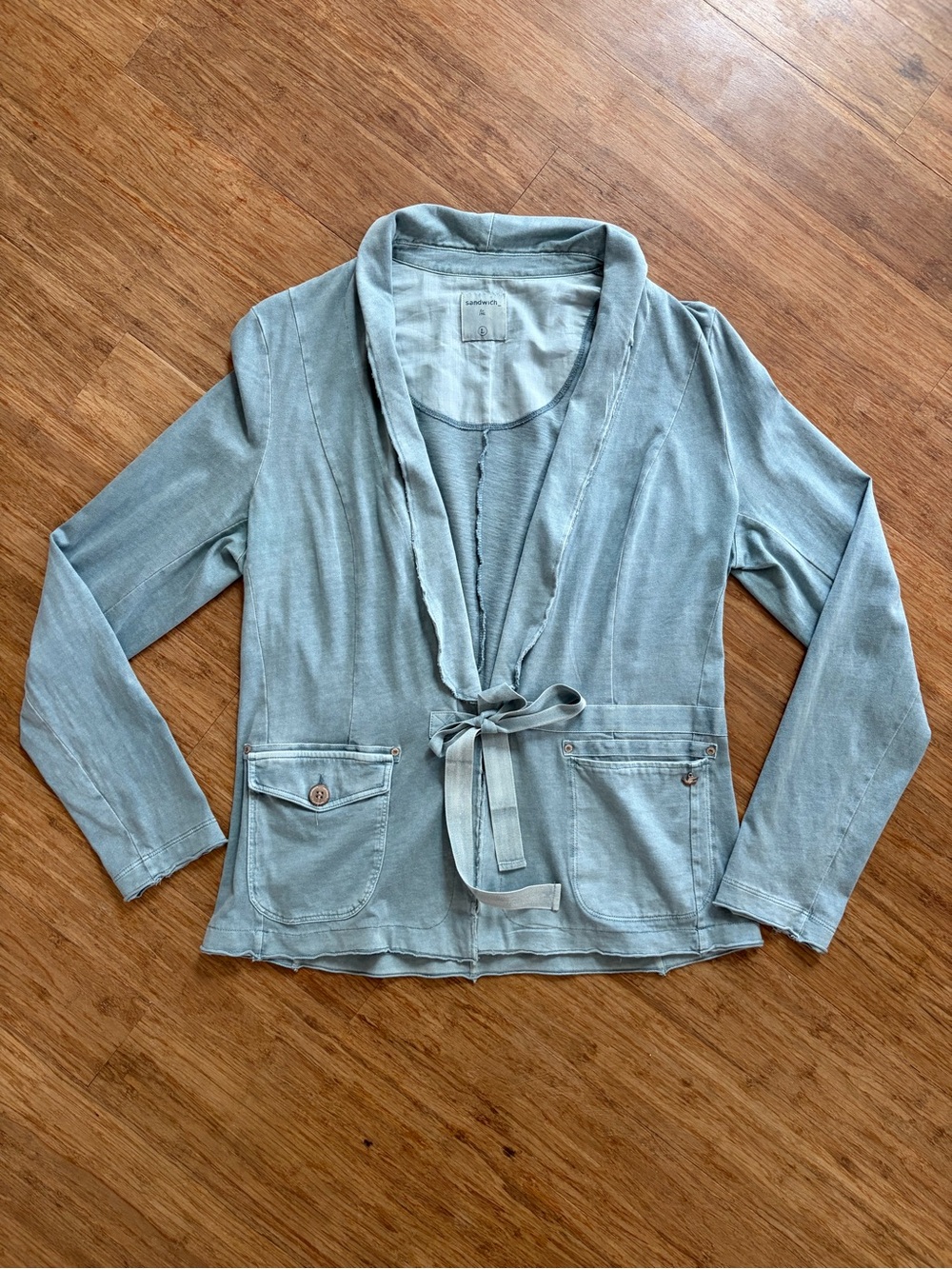 Sandwich Clothing Jersey Knit Blazer Gray Blue Raw Edge Jacket Sz L
